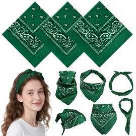 PLULON 3 Pcs Green Bandanas Bulk 20 x 20 Inch Paisley Pattern for Women Men, Head Scarf Cowboy Bandana Neon Square Handkerchiefs Outdoor Cycling Face Mask Headwear for Boy Girls 100% Polyester