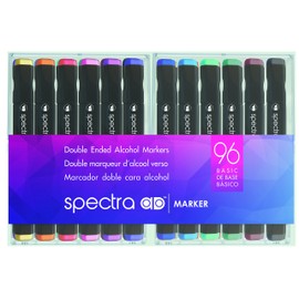 Chartpak Spectra AD Marker, Tri-Nib and Brush Dual-Tip, 96 Assorted Basic Color Set in Hard Plastic Cubes, 1 Each (SBASIC96AD)