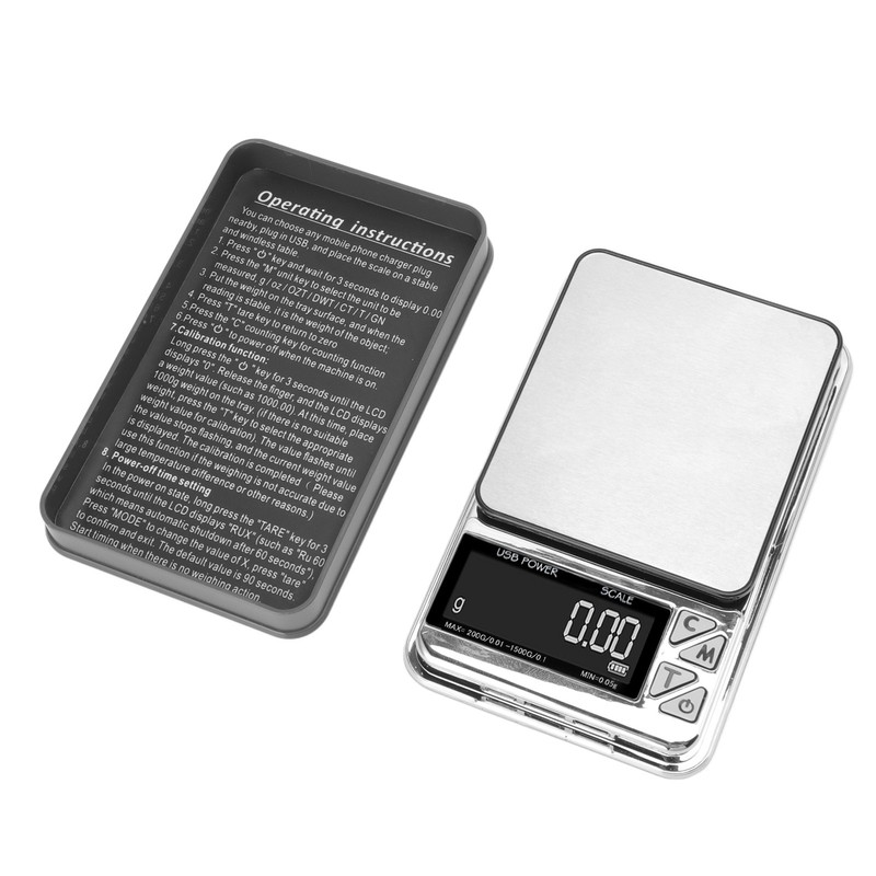 Home Digital Kitchen Scale 200g/0.01g‑1500g/0.1 High Accuracy USB Rechargeable Stainless