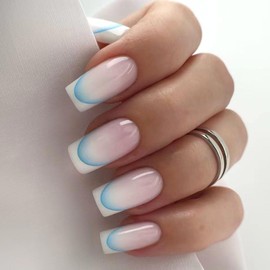 White French Tip Press on Nails Square Medium Fake Nails with Blue Lines Design Glue on Nails Nude Gradient Accrylic Nails Press ons Glossy Artificial Stick on Nails for Women 24Pcs