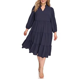 Jessica Howard Women's Plus Size Long Sleeve Tiered Maxi Dress with V-Neck, Navy, 16