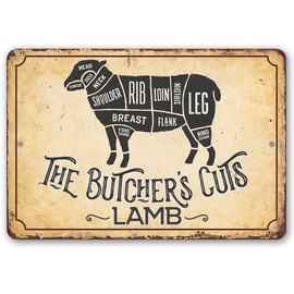 The Butcher's Cut Lamb - Classic Kitchen Meat Chart and Lamb Meat Guide, Vintage Farmhouse Cabin and Meat Shop Decoration, 8x12 Use Indoors or Outdoors Durable Metal Sign