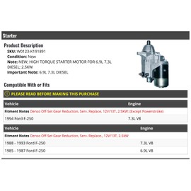 High Torque Starter Motor - Compatible with 1985-1994 Ford F-250 6.9L 7.3L Diesel