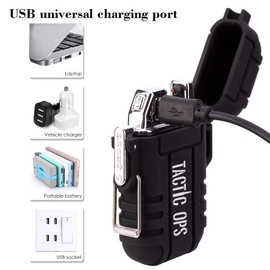 Rechargeable Military Windproof/Waterproof Lighter - Tactical Outdoor Dual Arc Electric - Great Outdoor Lighter for Camping AMD Hiking with an Emergency Whistle (Black)