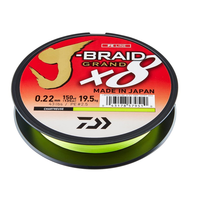 Daiwa J-Braid Grand X8E 0.13mm, 8.5kg/19.0lbs, 270m, Chartreuse, Braided Fishing