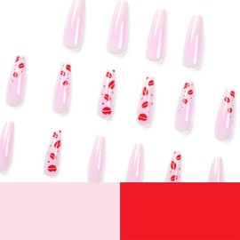 24PCS Valentine's Day Press on Nails Medium Oval Heart Fake Nail Red Pink Love Heart Design Almond Artificial False Nails Romantic Full Cover Acrylic Nails Stick on Nails for Women and Girls