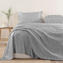 Pizuna Pure 100% Cotton Flat Sheets Only Queen Grey Cascade Stripe (1 PC), Luxurious 400 Thread Count Long Staple Cotton Sateen with 4" Hem (Combed Queen Flat Sheet Only Cotton)