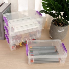 SUMTree 4 Pack Plastic Pencil Boxes Stackable Desk Organizer for Colored Pencils (Large, Purple), Purple, L, Fashion, Purple, Fashion