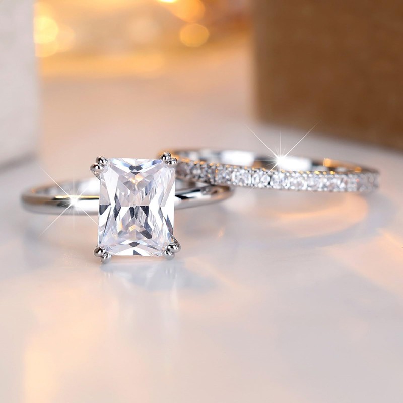 GJYombuke 2-teiliges Verlobungsring-Set, luxuriöses Ehering-Set, Kristall im Prinzessschliff, funkelnder Zirkonia,