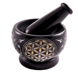 NKlaus Mortar Flower of Life Gold made of soapstone Ø 9cm black with pestle Mortarium 0,8kg heavy Grating Bowl Spice Herbs Incense 1371