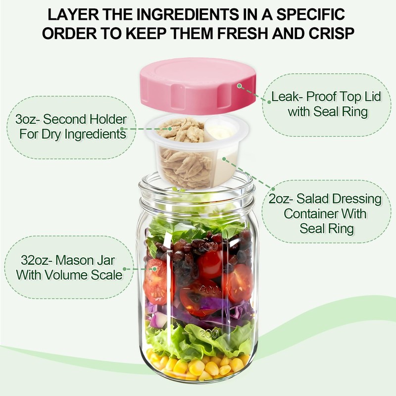 4 Pack Glass Salad Jars with Lids,32oz Mason Jars for
