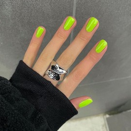 SXVME 48 Pcs Neon Green False Nails Short Square Length, Acrylic Press on Nails Short, Solid Color Glossy Gel Full Cover Fake Nails for Women Finger Decoration