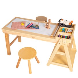 DJAR Kids Wooden Activity Art Table and 2 Chairs Set, Paper Roll Storage