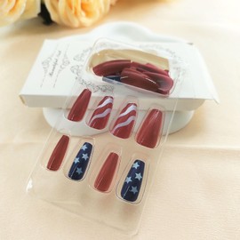 4th of July Nails Press ons Medium Press on Nails Coffin Fake Nails White Five-pointed Star Lines Design Red Blue Full Cover False Nails Gel Glossy Independence Day Glue on Nails for Women 24 Pcs
