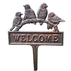 Birds Welcome Sign Lawn Spike Cast Iron Brown Perched Robins Garden Plaque Stake 28cm