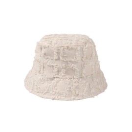 Verdusa Women's Plaid Print Raw Trim Denim Bucket Hats Outdoor Fishing Caps Beige One-Size