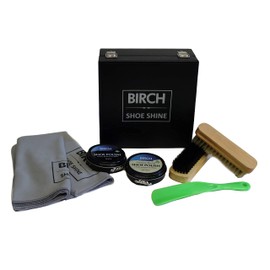 BIRCH Charles Shoe Shine Care Set Box, Shoe and Leather Care, 8 Pieces inc 2x Shoe Polishes, 2x Shoe Brushes, 2x Cloths, 1x Shoe Lift, 1x Solid Black Hinged Box Shoe Care Kit