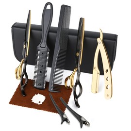 Tijeras de corte de pelo negro dorado profesional de acero inoxidable barbería tijeras de adelgazamiento de pelo salón multifuncional lacio tijeras de corte de pelo tijeras de dientes kit de tijeras de corte de pelo para uso doméstico