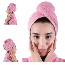 LLAMAXY Hair Towel 100% Pure Organic Cotton Hair Drying Towels Adult Child Hair Wraps Hair Turban - Towel Wrap Hair Drying Towel - Quick Twist Rapid Dry Towel - Cap - 2 pack of Pink
