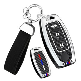 HIBEYO 3 Button Key Fob Cover Compatible with Nissan Altima Maxima Rogue Armada Pathfinder Accessories Alloy Carbon Fiber Key Shell with Leather Keychains-3 Button B Type Silver