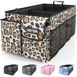 HOTOR Foldable Trunk Organizer - Leopard, SUV & Sedan Fits, 2 Compartments, 21.3"12.6"10.6" Sturdy Car Organization for Tools, Accessories, Sundries