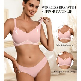 Womens Seamless Bras No Underwire Wireless Push Up Full Coverage Bra Scalloped V Neck T-Shirt Bra Comfort Bralettes(2P2,M)