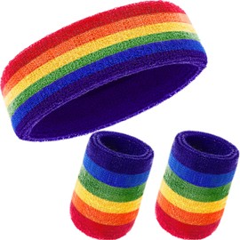 WILLBOND 3 Pieces Sweatbands Set, Includes Sports Headband and Wrist Sweatbands Striped Sweat Band for Athletic Men and Women (Rainbow)