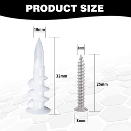 Plasterboard Wall Plug, 25PCS Drywall Anchor, (10 * 32mm) plaster Boarding Fixings,Raw Plugs for Plasterboard,Suitable for Gypsum Board, Fiberboard, Etc, Easy to Load and Unload, Reusable
