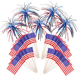 BOARDFEB 150 Pcs 4th of July Toothpicks Red White Blue Firework Cocktail American Flag Cupcake Toppers for Independence Day Party Appetizers Cakes Drinks Decorations