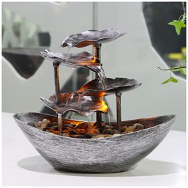 Water Fountains Resin Lotus Leaf Tabletop Fountain Waterfall Indoor Waterfall Fountain 4-Tier Resin Lotus Leaf and Ingot Fountain Small Desk Waterfall Fountain for Home Decoration (Resin Silver)