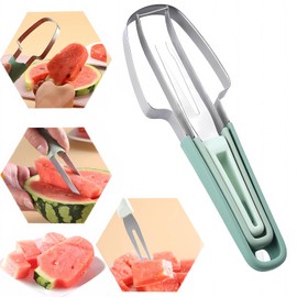 3-in-1 Melon Slicer, Stainless Steel, Watermelon Cutter, Multifunctional Melon Cutter, Fruit Cutter, Watermelon Fork, Cantaloupe Cutter, Pineapple Cutter, Dragon Fruit Cutter, Green