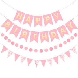 Pink Gold Happy Birthday Banner, Happy Birthday Decorations Hanging Birthday Sign Circle Dot Triangle Bunting for Women Men Girl Boy Party Supplies
