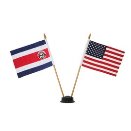 USA & COSTA RICA Small 4 X 6 Inch Mini Double Country Stick Flag Banner with BLACK STAND on a 10 Inch Plastic Pole New