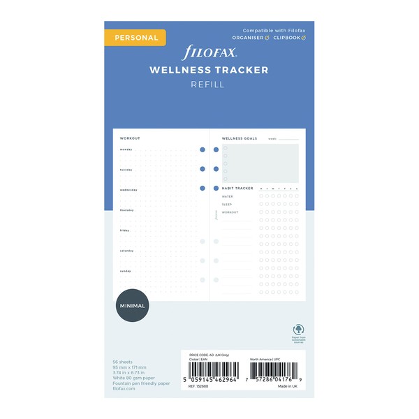 Filofax Organizer Refill, Personal Size, Wellness Trackers Pack, White Paper,