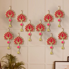 TIED RIBBONS Pack of 10 Wall Door Hanging Lotus Latkan Toran with Bells (22.8 cm x 9.6 cm) - Main Door Entrance Pooja Room Temple Wedding Festival Decor - Diwali Decoration Items for Home Decor