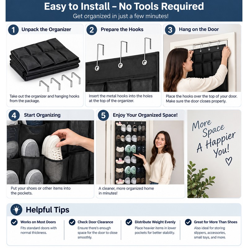 Over-the-Door Shoe Organizer for Space-Saving Storage – Foldable Mesh Pockets