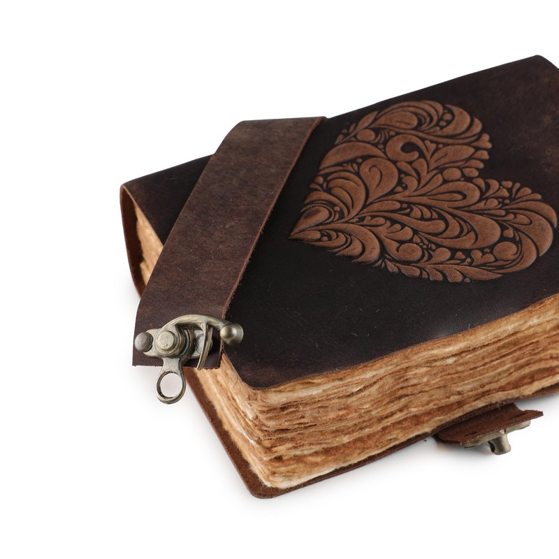 Fausta Beautiful Heart Embossed Vintage Leather Journal with Antique Brass