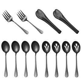 Lazycorner Large Serving Utensils,12 Pcs Stainless Steel Serving Set with Serving Spoons,Serving Fork,Serving Tongs,Polished Serving Utensil Set for Buffet Parties Home,Dishwasher Safe(Black)