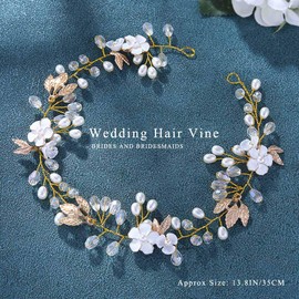 JAKAWIN Flower Bride Wedding Hair Piece Leaf Bridal Hair Vine Accessories Pearl Headpiece for Women (2 Gold, 13.8 IN)