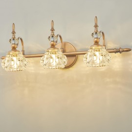 CAHOLIC Bathroom Vanity Lights, 3-Light Vintage Bathroom Light Fixtures Over Mirror, Matte Brushed Antique Brass Vanity Light with Crystal Glass Shade, Vanity Wall Light Fixture for Bathroom, G9 Base