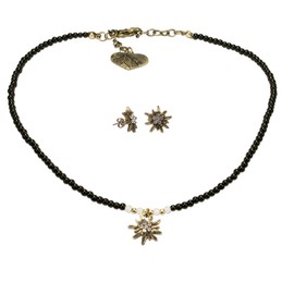 Alpenflüstern Costume Jewellery Set Filigree Pearl Costume Necklace and Costume Stud Earrings Rhinestone Edelweiss – Women's Costume Jewellery Antique Gold Colours Costume Set in Black and Cream White