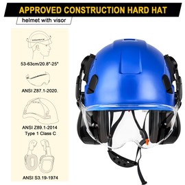 SMASYS Safety Hard Hat with Visor Ear Muffs- Adjustable ABS Climbing Helmet 6-Point Suspension Perfect for Construction Head Protection Hardhats Hear, Bule (Bule Hard Hat with Clear Visor-Earmuffs)