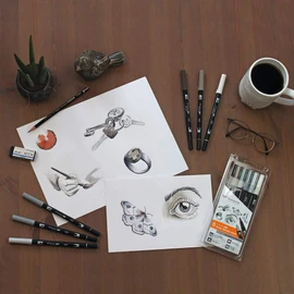 Tombow ABT-6P-6 Water-Based ABT Dual Brush Pen with Two Tips Grey Colours Pack of 6