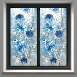 Static Cling Frosted Window Film, Blue Floral Stained Glass Design, No Glue, 17.5 x 39.4 Inch for Bathroom, Kitchen, Living Room
