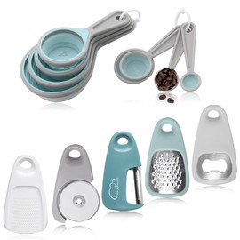 13pcs Kitchen Gadgets Set - Space Saving Silicone Measuring Cups Measuring Spoons, Cheese Grater, Pizza Cutter, Peeler, Bottle Opener, Garlic Grinder for Small Kitchen RV Camper Inside