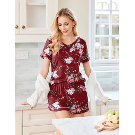 Ekouaer Pajamas Set for Women 2 Piece Sleepwear Short Sleeve Top and Shorts Soft V Neck Pjs Lounge Set with Pockets,Floral Wine,Medium