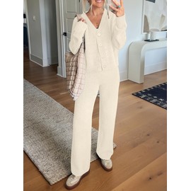 ANRABESS Women Pajama Lounge Sets Fuzzy Fleece 2 Piece Outfits Long Sleeve Cardigan Wide Leg Pants 2025 Fall Comfy Loungewear Beige L