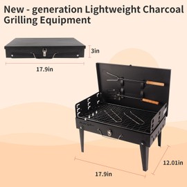 Portable Grill with Lid & Adjustable Vents - Foldable Charcoal BBQ for Camping & Picnics | Complete 4-Piece Dining Set Included for Ultimate Outdoor Cooking