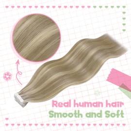 YoungSee Tape in Hair Extensions Highlight Seamless Tape in Hair Extensions Human Hair Light Brown and Blonde Glue in Hair Extensions Real Human Hair for Long Hair 24In 20pcs 50g Hair Extension Tapes