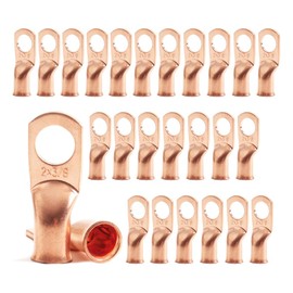 25pcs 2 AWG 3/8" Stud Copper Ring Terminals Battery Cable Ends Wire Lugs 2 Gauge Battery Cable Lugs Heavy Duty Cable Lugs Bare Copper Eyelets Tubular Ring Terminal Connectors